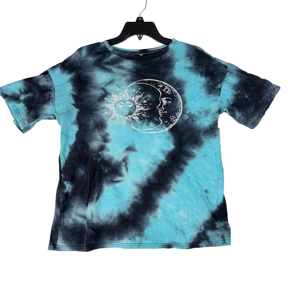 Unbranded Sun Moon Graphic Tee Womens L Teal Black Tie Dye Celestial Boho Grunge